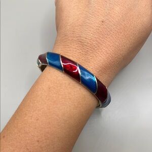 Vintage Gold Tone Red Blue Enamel Stripe Bangle Cuff Statement Bracelet